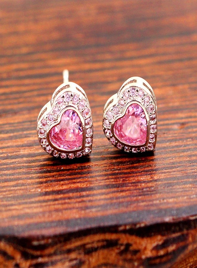 Tobestu White Gold Plated Pink Heart Stud Earrings Cubic Zirconia Crystal Love Heart Halo Post Studs Earrings Set for Women Y4135 - Image 4